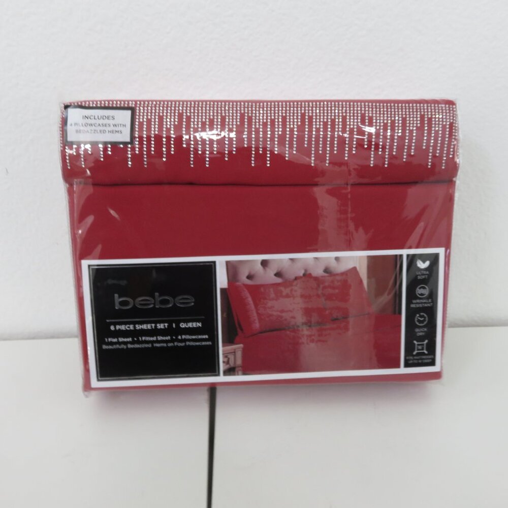 bebe queen Red 6 piece satin sheet set